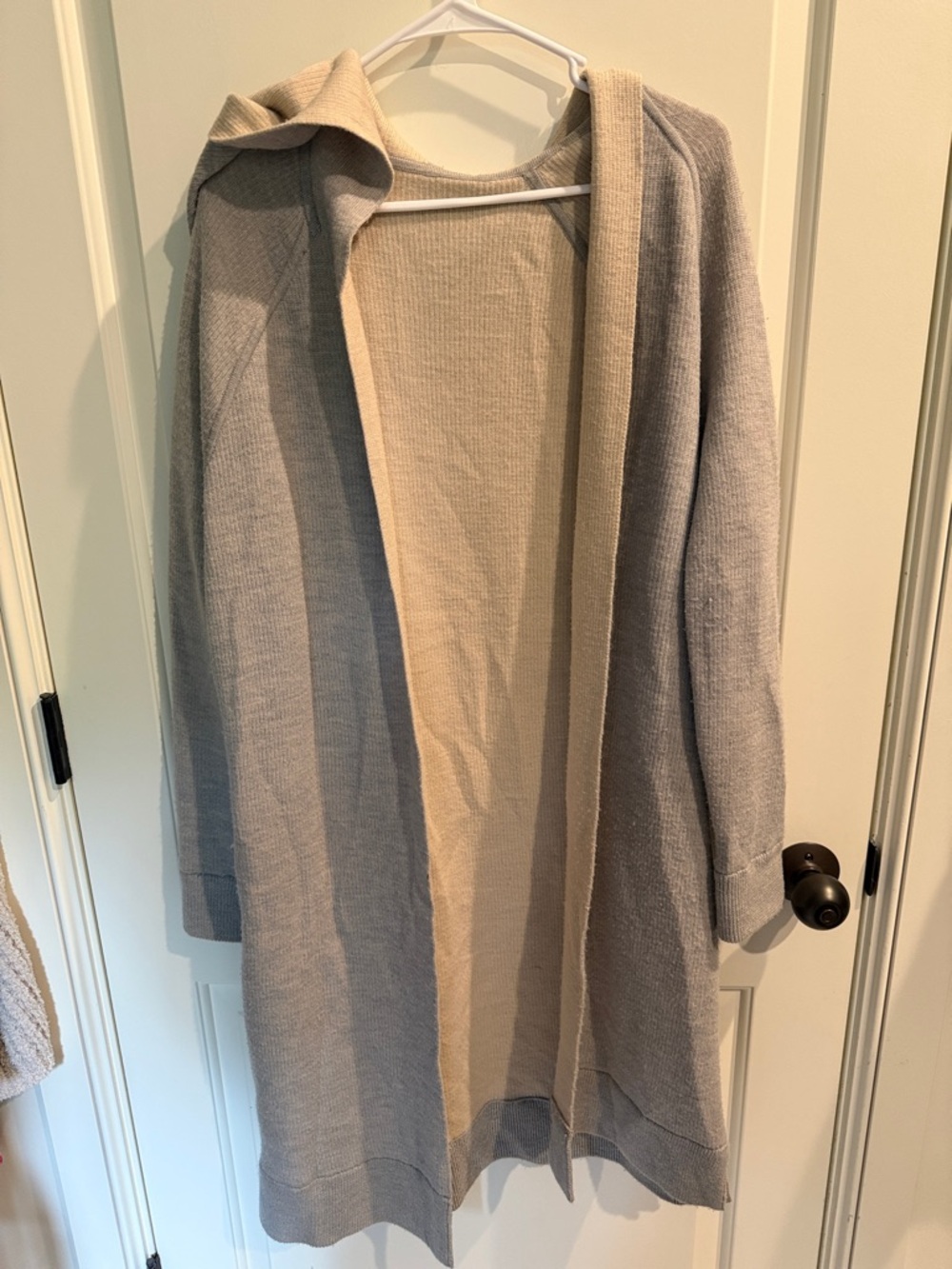 Athleta Cozy Two-Tone Hooded Open Cardigan Sweater - Beige & Light Taupe